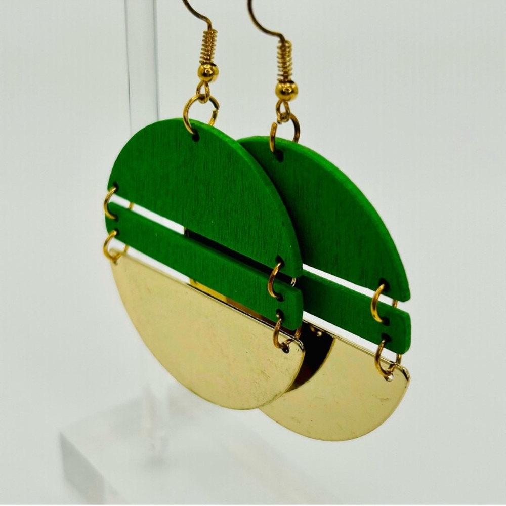 Green Geometric Half-Moon Earrings | Modern Wood + Goldtone
